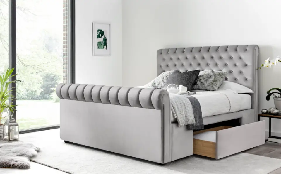 Calder House Devon Chesterfield 2 Drawer Grey Fabric Bed 01