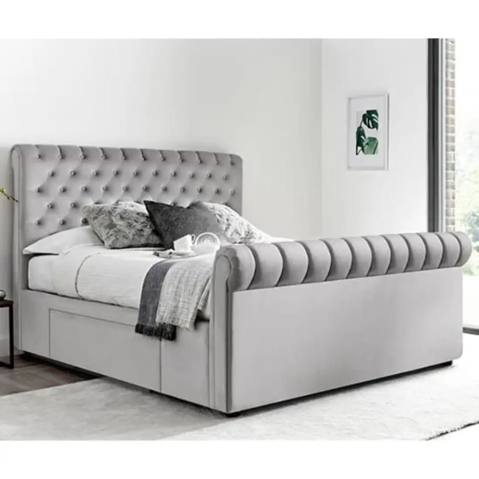 Calder House Devon Chesterfield 2 Drawer Grey Fabric Bed 02