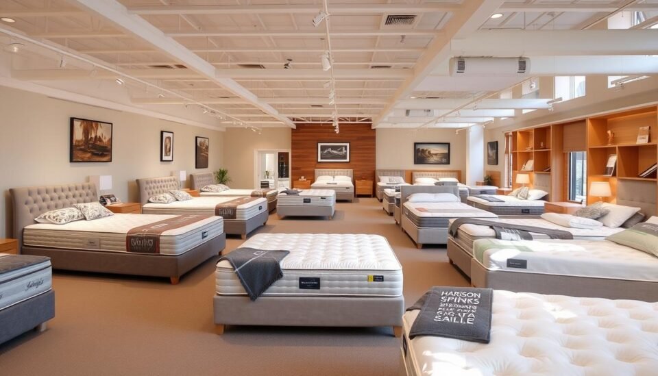 A bright, airy showroom showcases a wide selection of high-quality &quot;Harrison Spinks&quot; beds and mattresses. Plush fabrics, gleaming wood accents, and strategically placed lighting create an inviting, luxurious atmosphere. Customers are drawn to the meticulously displayed products, each priced at £ [price range]. The spacious layout allows for easy navigation, encouraging leisurely browsing and exploration. Knowledgeable staff are on hand to provide expert guidance, ensuring customers find the perfect &quot;Harrison Spinks&quot; solution to suit their needs and preferences.