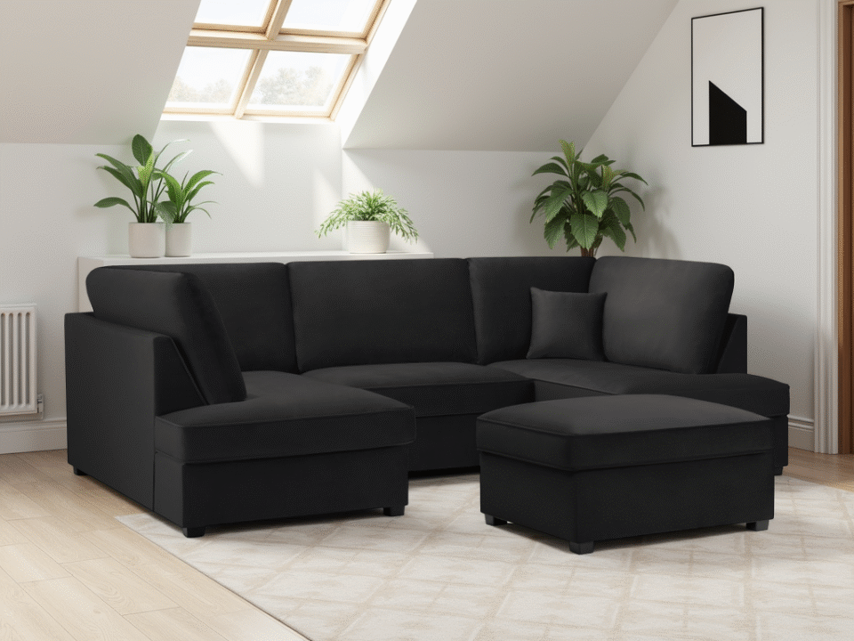 Virello Sofa Plush Black U Shape Corner