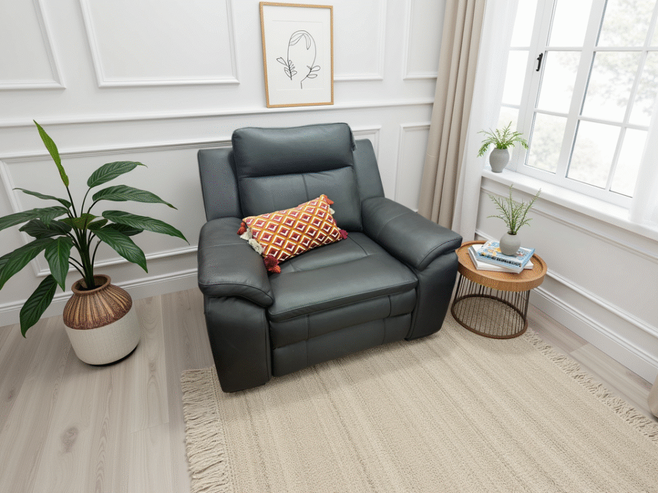 Calvera Genuine Leather Electric Recliner Sofa Black Armchair